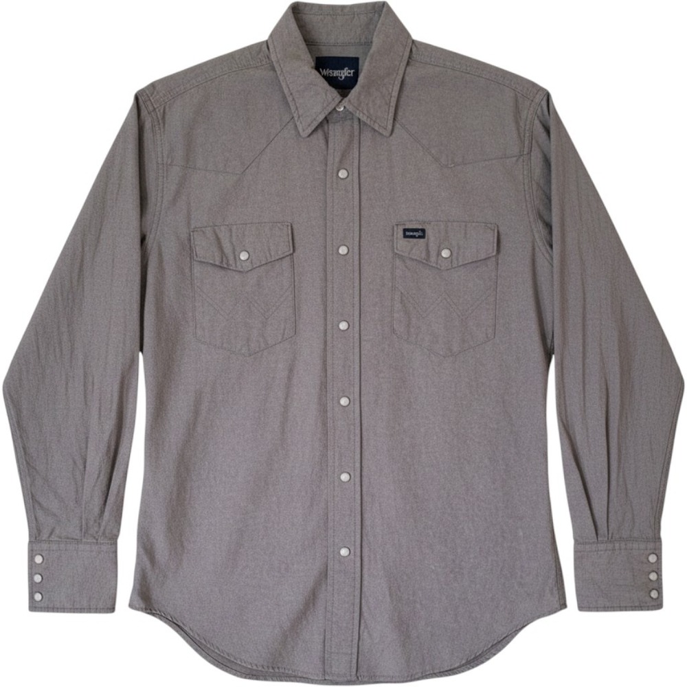 Wrangler Mens L Western Shirt Long Sleeve Gray Pearl Snap Front 2 Pockets Cowboy